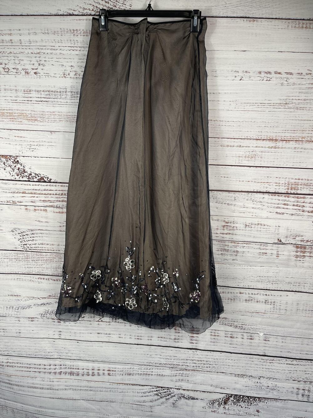 Saja Skirt Women's SZ 8 Black Silk Maxi Embroidered Sequin Floral Formal Evening